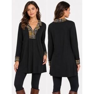 Gaharu Tunic Top Womens Large Black Plaid Collar Long Sleeve Academic Preppy